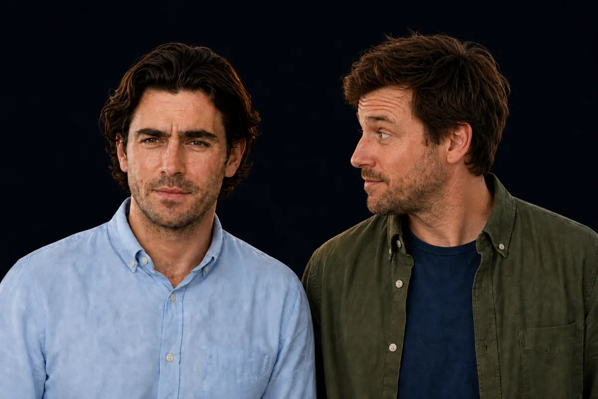 The man in blue faces the camera while the man in green turns left to look toward his companion's eyes