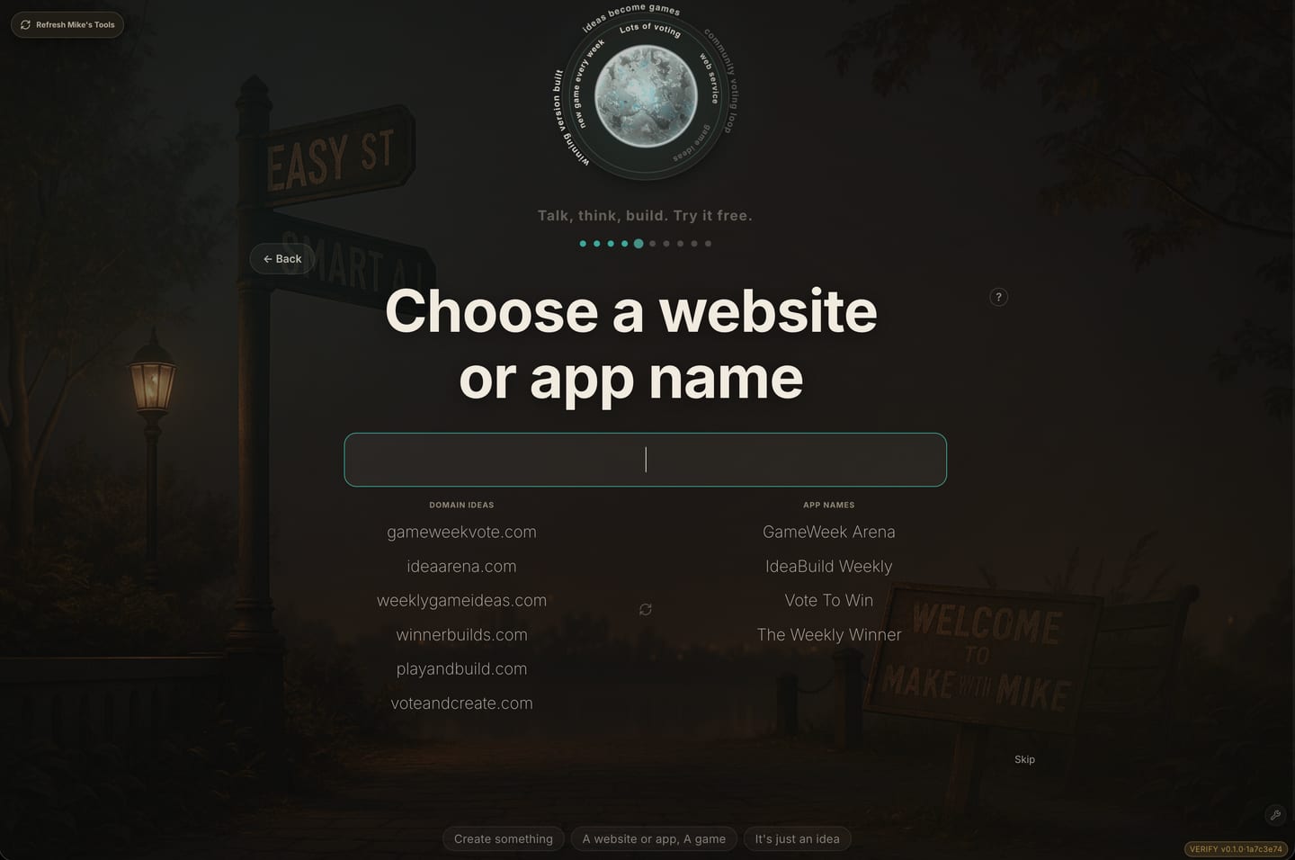 Make with Mike naming screen showing generated app and domain suggestions.