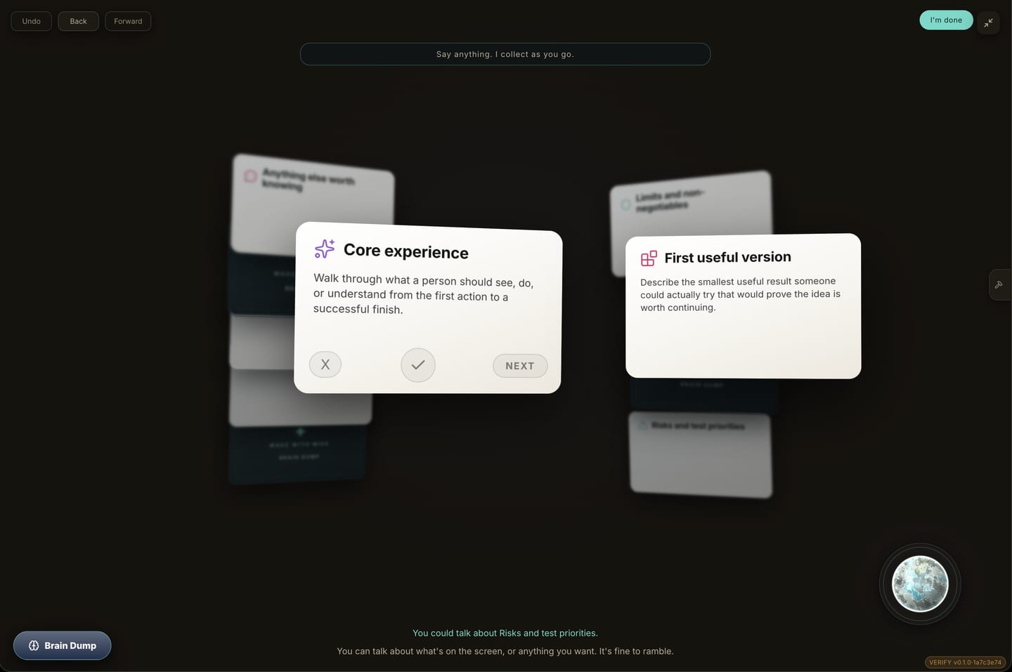 Make with Mike card interview collecting project requirements one question at a time.