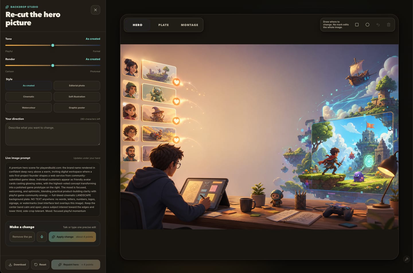 Make with Mike image panel with tone, render style and a one-line direction field.