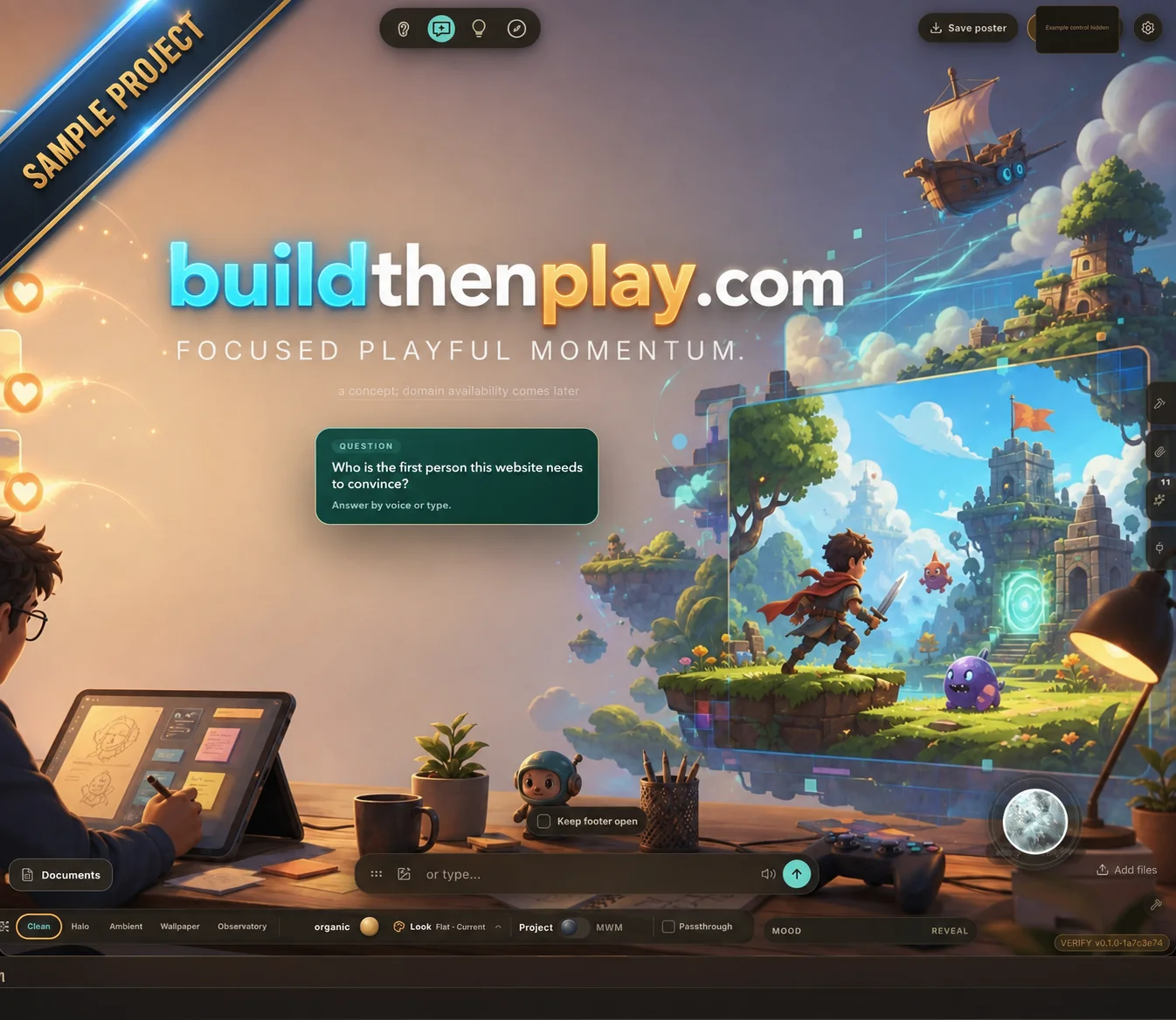 Make with Mike workspace showing the Build Then Play sample project hero beside the project conversation.