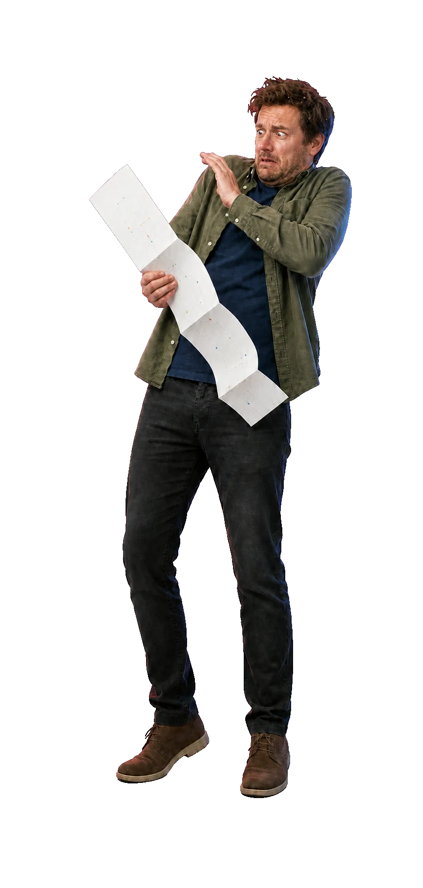 An overwhelmed customer raising an arm defensively at AI jargon